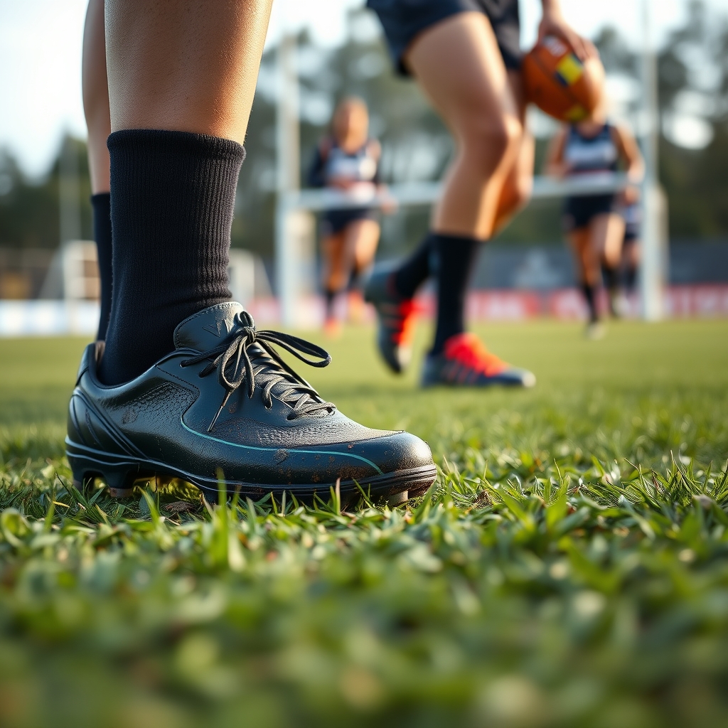 Close-up of worn football boots on grass