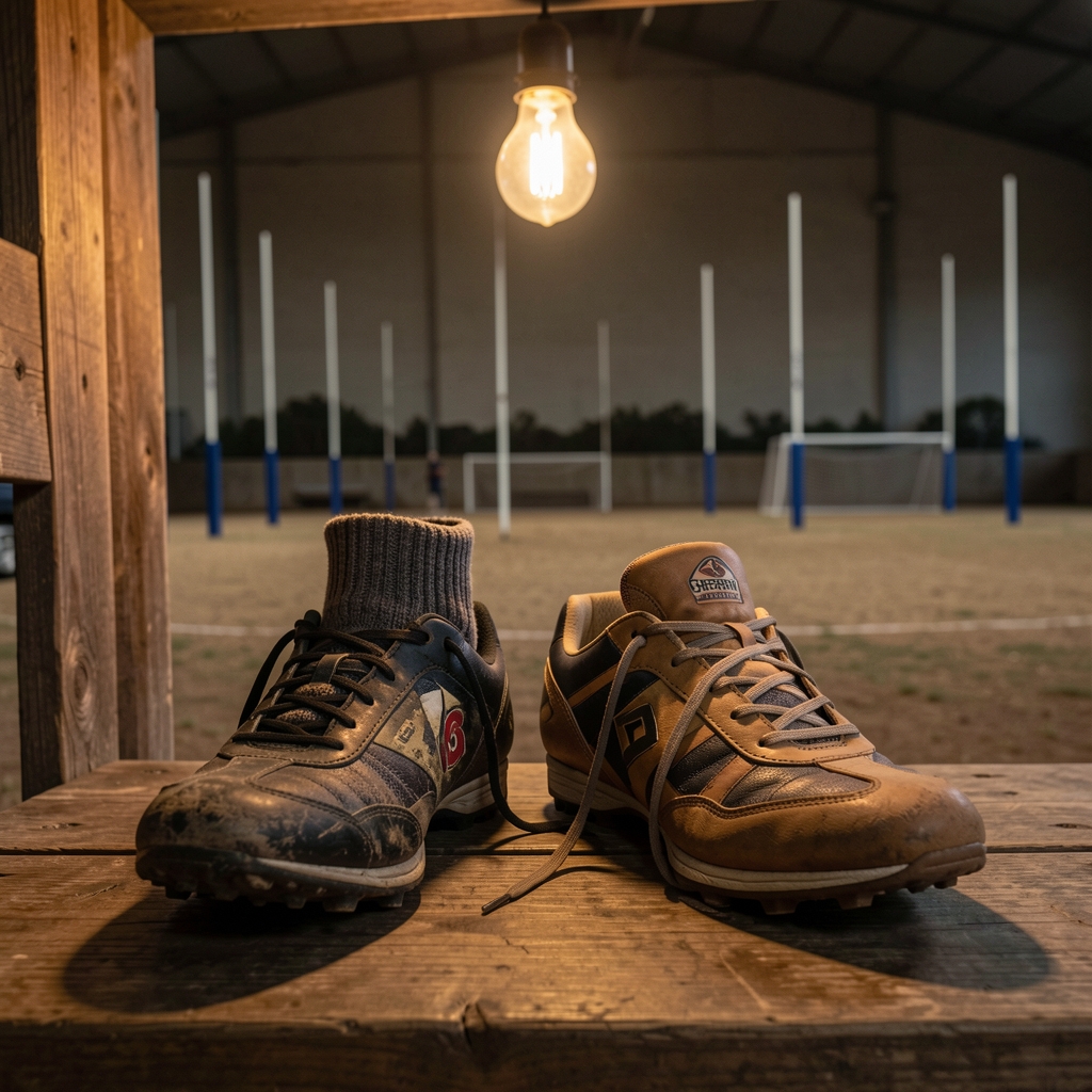 Two football boots on a change-room bench, one knit-collared, one soft leather