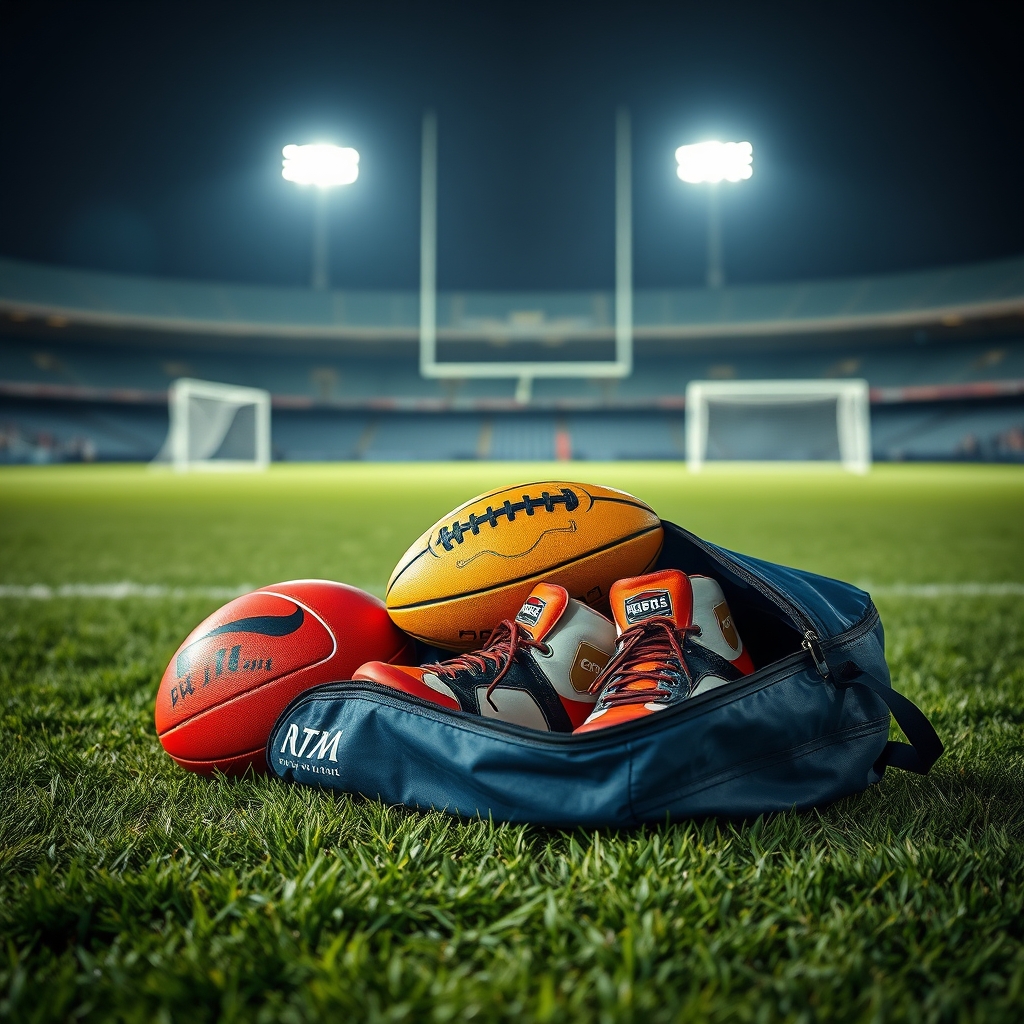 An open boot bag on grass at the edge of an oval under floodlights