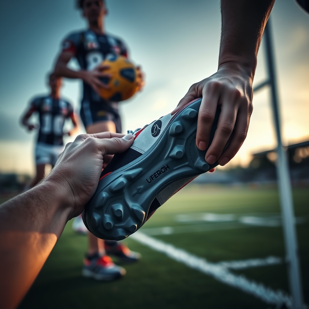 A hand turning over a football boot to show its moulded studs
