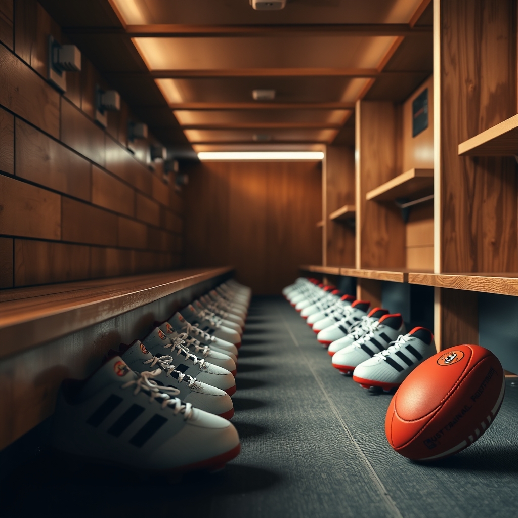 A row of identical white football boots under change room benches
