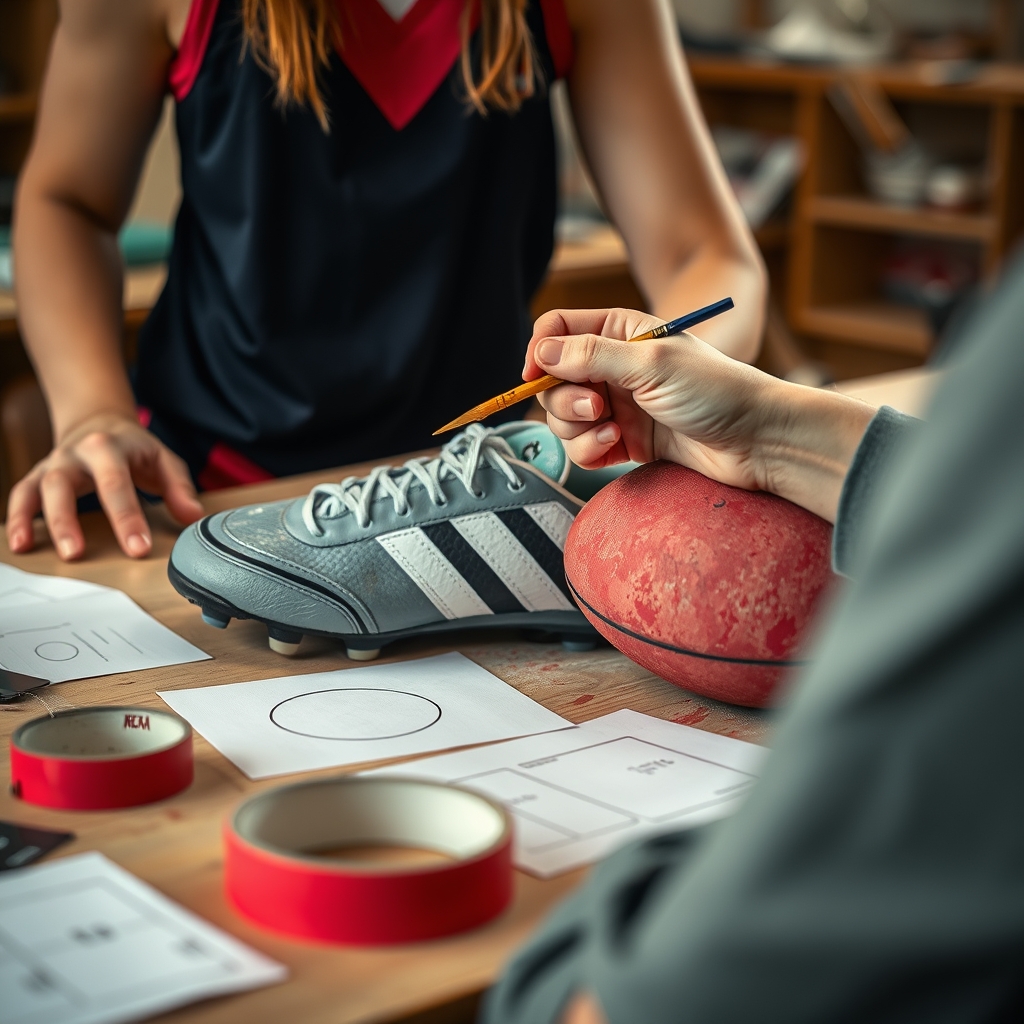 Hands painting a football boot at a workbench