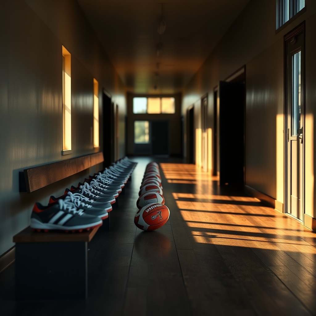 Football boots lined up on a school corridor bench
