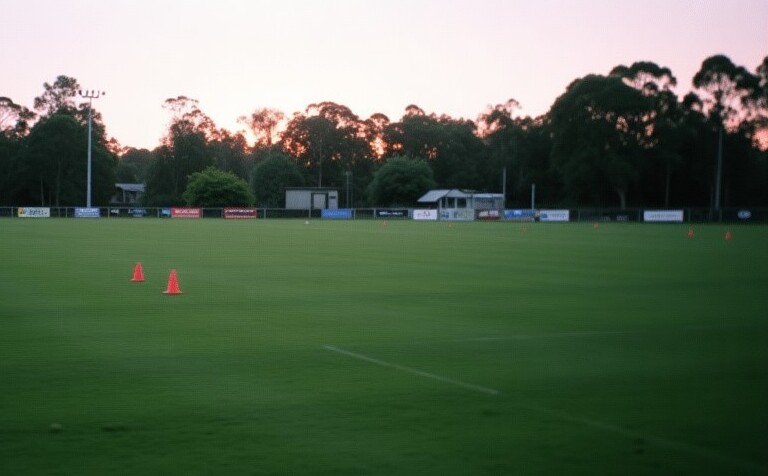 An empty grass oval at dusk with training cones near the fence