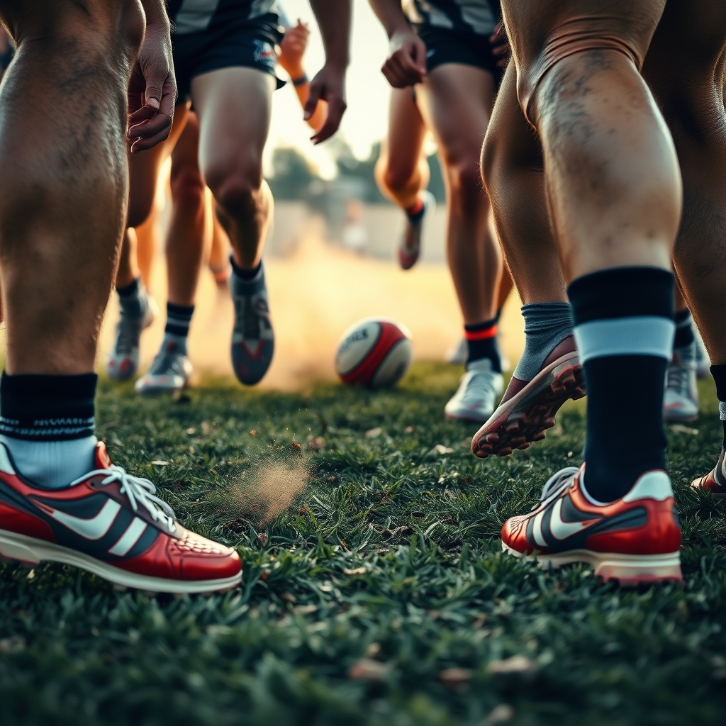 Footballers converging at a stoppage, boots and grass flying