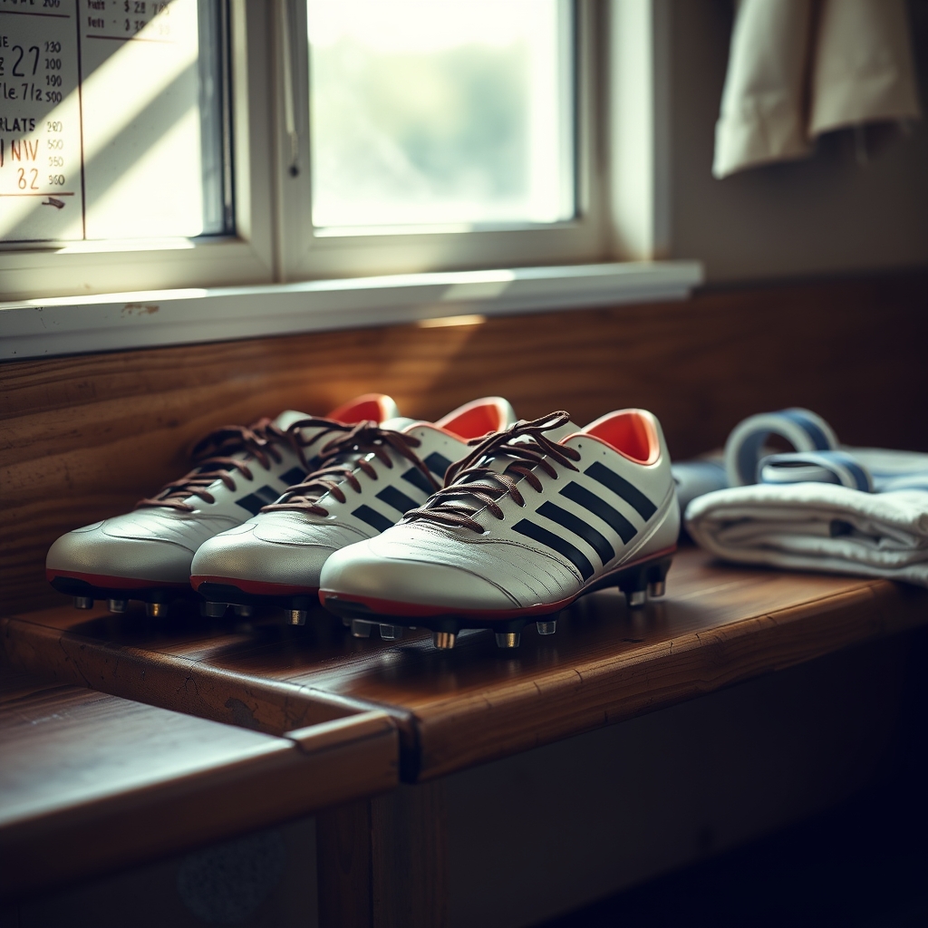 Football boots lined up on a change-room bench in window light