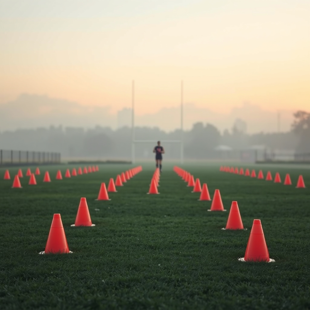 Cone drills laid out on a misty oval at dawn