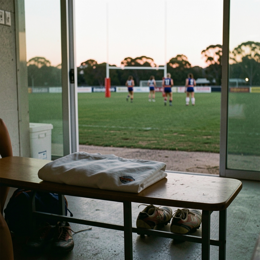A plain unbranded guernsey folded on a changeroom bench, with football boots on the floor below and the oval through the doorway