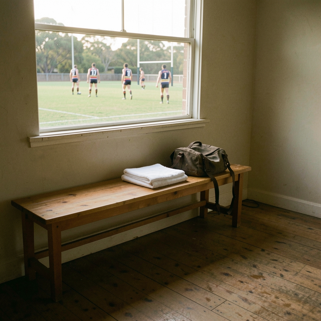 A changeroom bench in late afternoon light