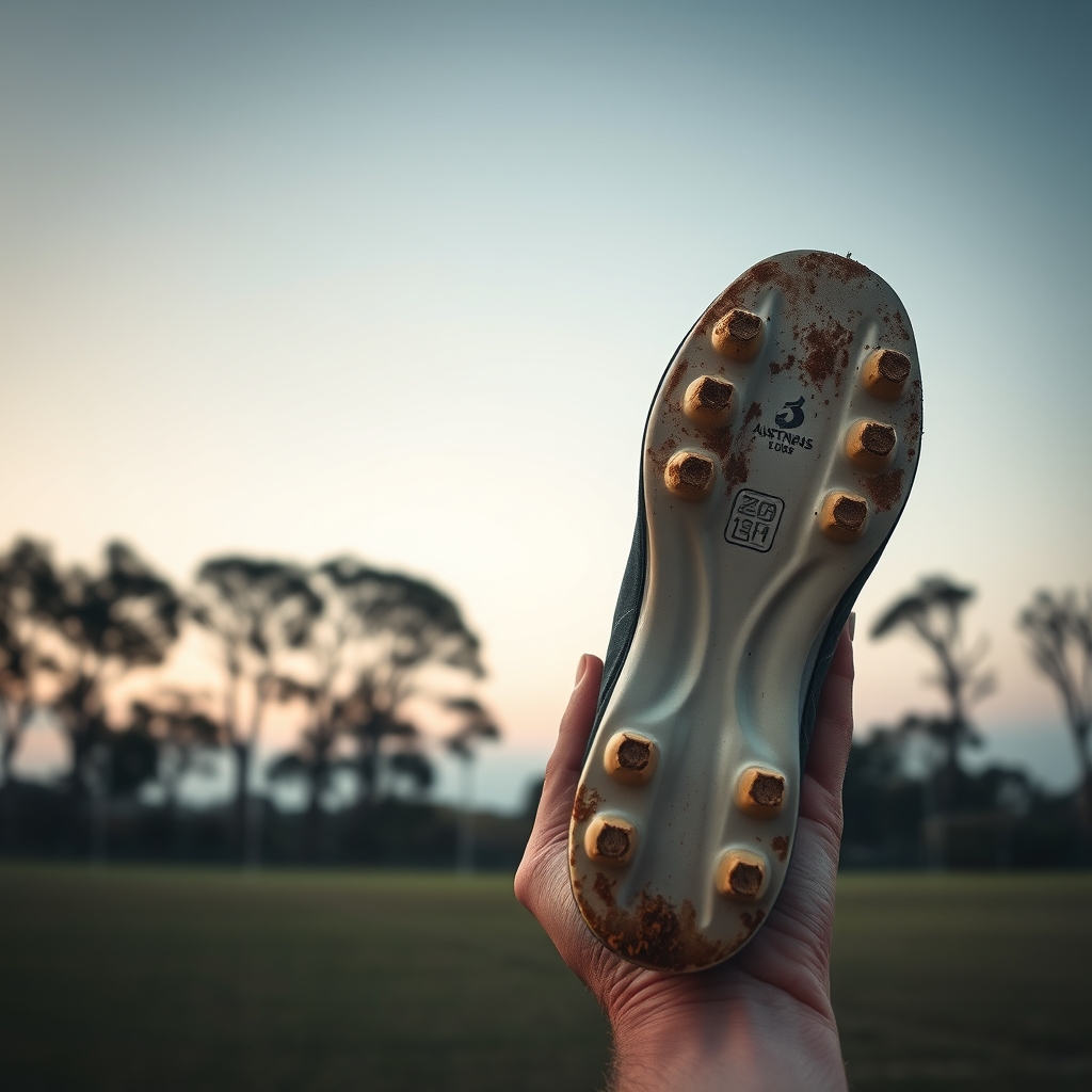 A football boot held sole-up in a hand, studs packed with dried grass