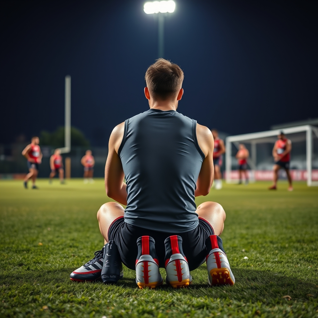A player lacing a spare pair of football boots on the boundary line under floodlights